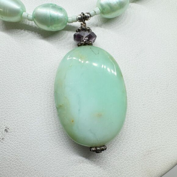 Green Nugget Baroque Pearl Necklace With Amazonite Pendant Sterling Silver 18” - Picture 9 of 15